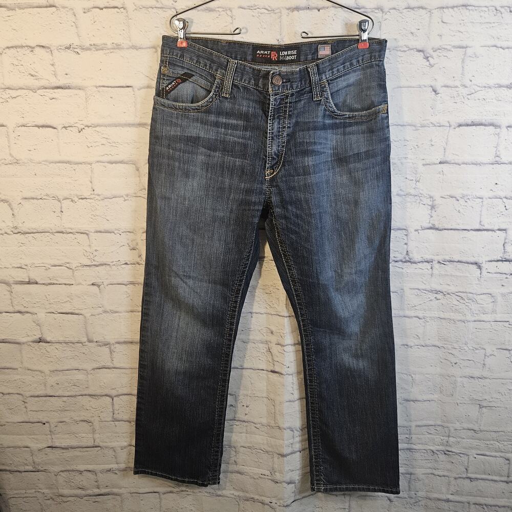 Ariat Men's FR M4 Low Rise Boot Cut Jeans, Med Wash, Size 34/30 Flawed